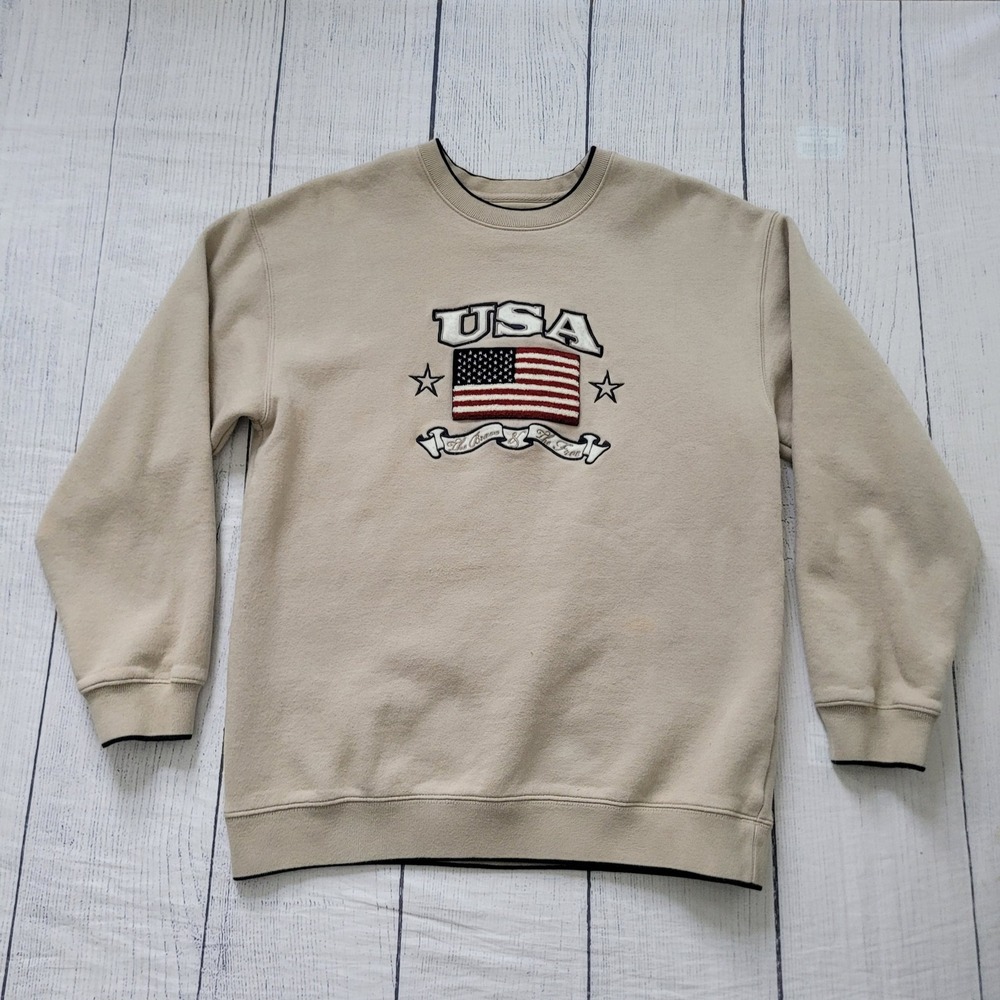 Croft & Barrow Mens Tan USA Flag Embroidered Sweatshirt Size Small Patriotic‎